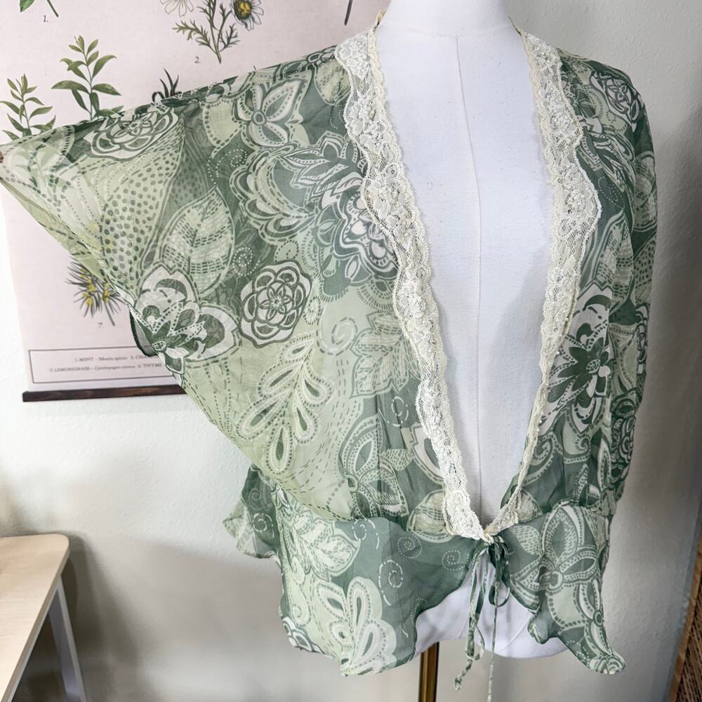 90s Y2k Silk Beaded Sheer Cardigan Jacket Hippie Forest Boho Fairy Grunge 18W 2X - Picture 3 of 8